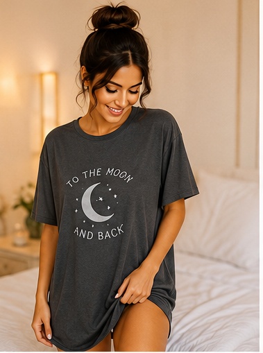 Women’s Charcoal Grey “To the Moon and Back” Printed Oversized Sleep T-Shirt